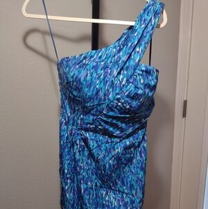 Trina Turk 100% Silk Dress Womens 2 One Shoulder Lined Blue Turquoise Side Zip